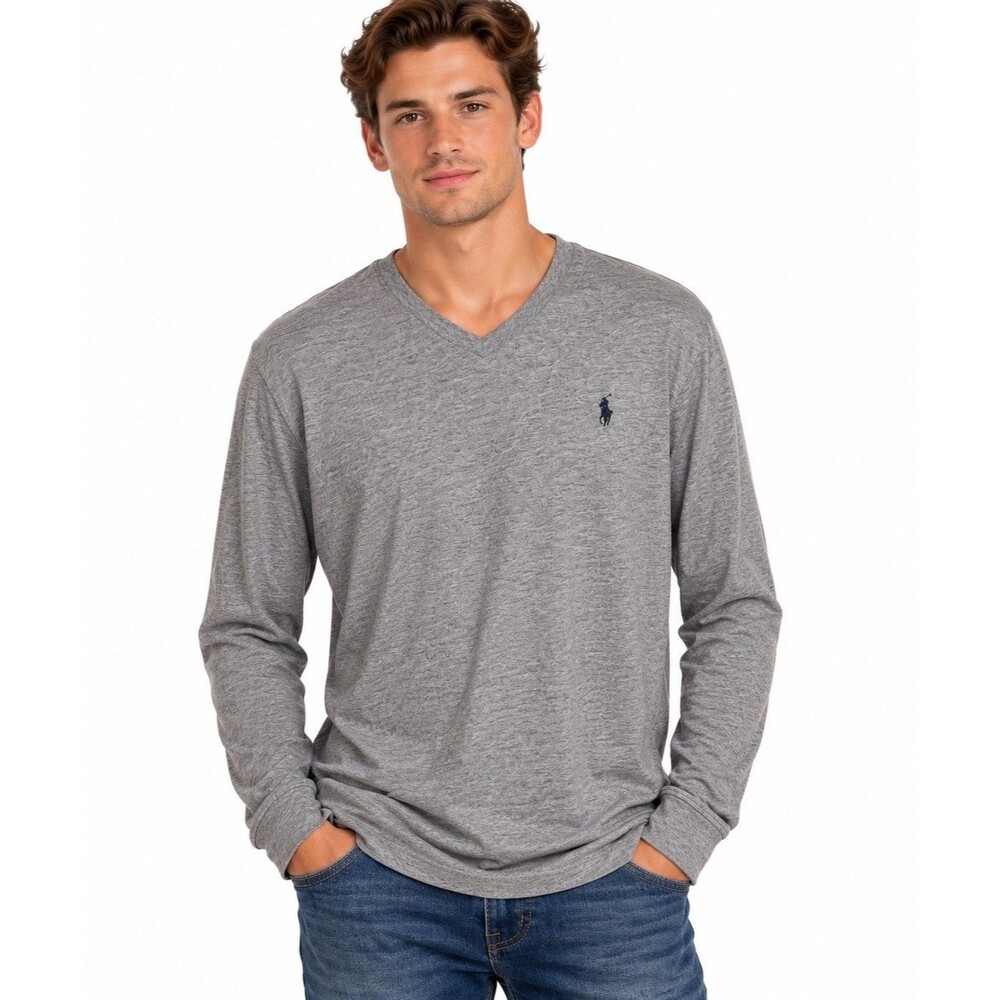 Polo Ralph Lauren Mens XL Long Sleeve V Neck Shirt Gray Pony Logo Lightweight